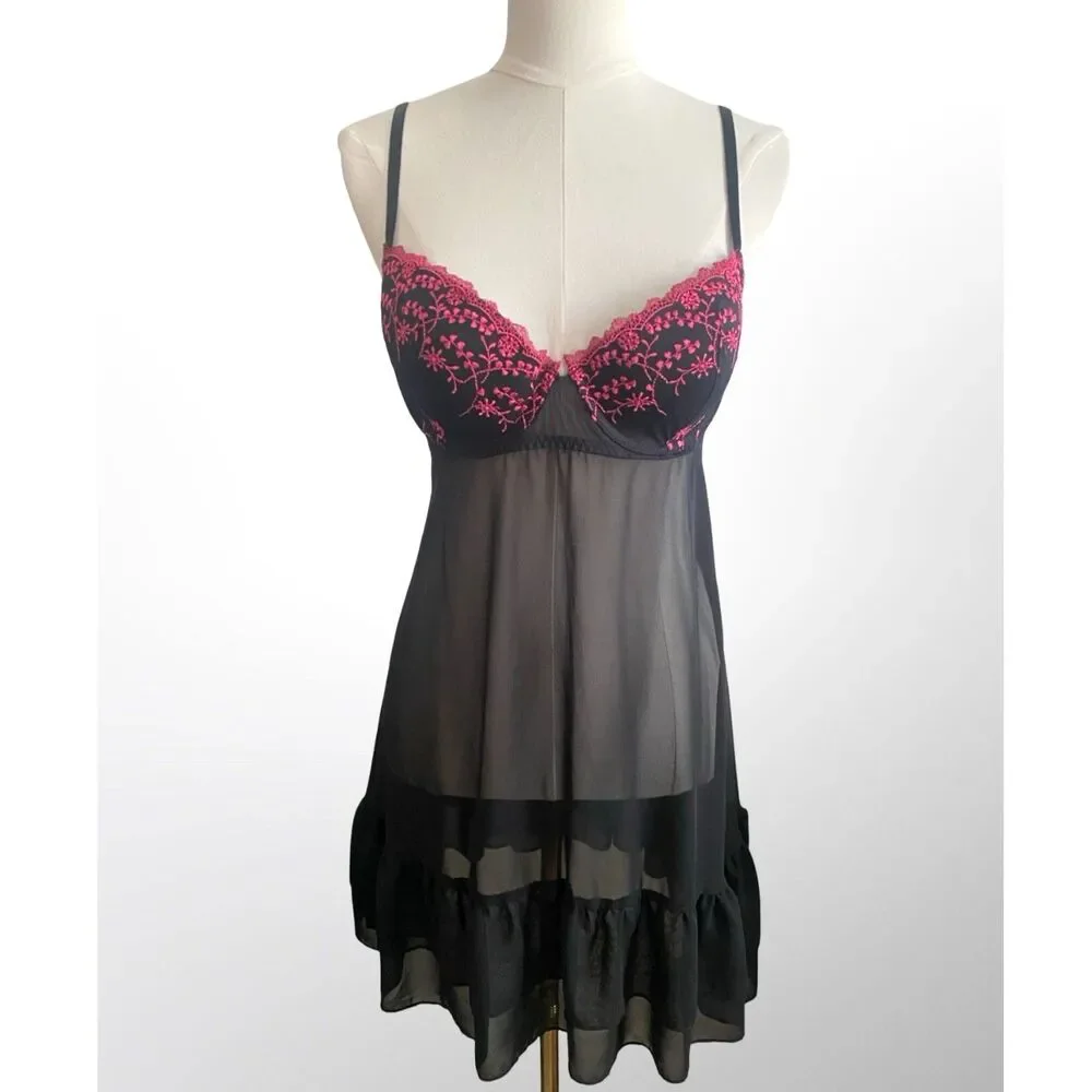 VTG Inner Secrets Y2K Black Pink Embroidered Mesh Babydoll Lingerie Chemise XL